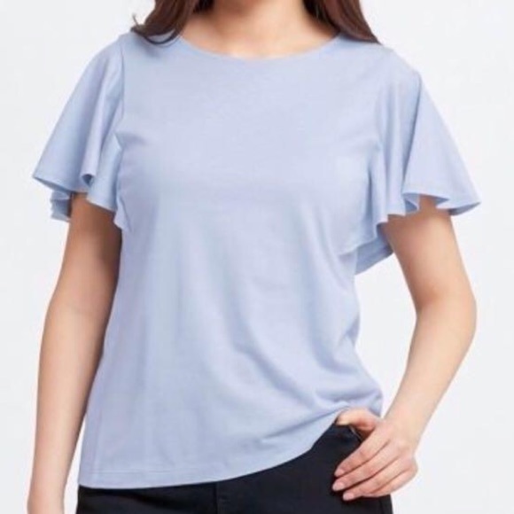 Uniqlo Ruffle Short Sleeve Blouse NAVY - Picture 1 of 4